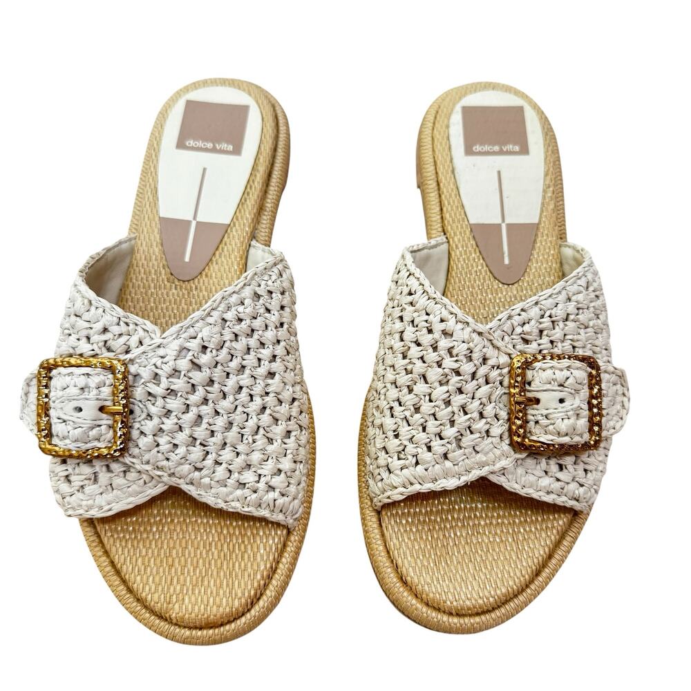 Dolce Vita Alonzo Women's Sandal Ivory Raffia Gold Buckle Size 8